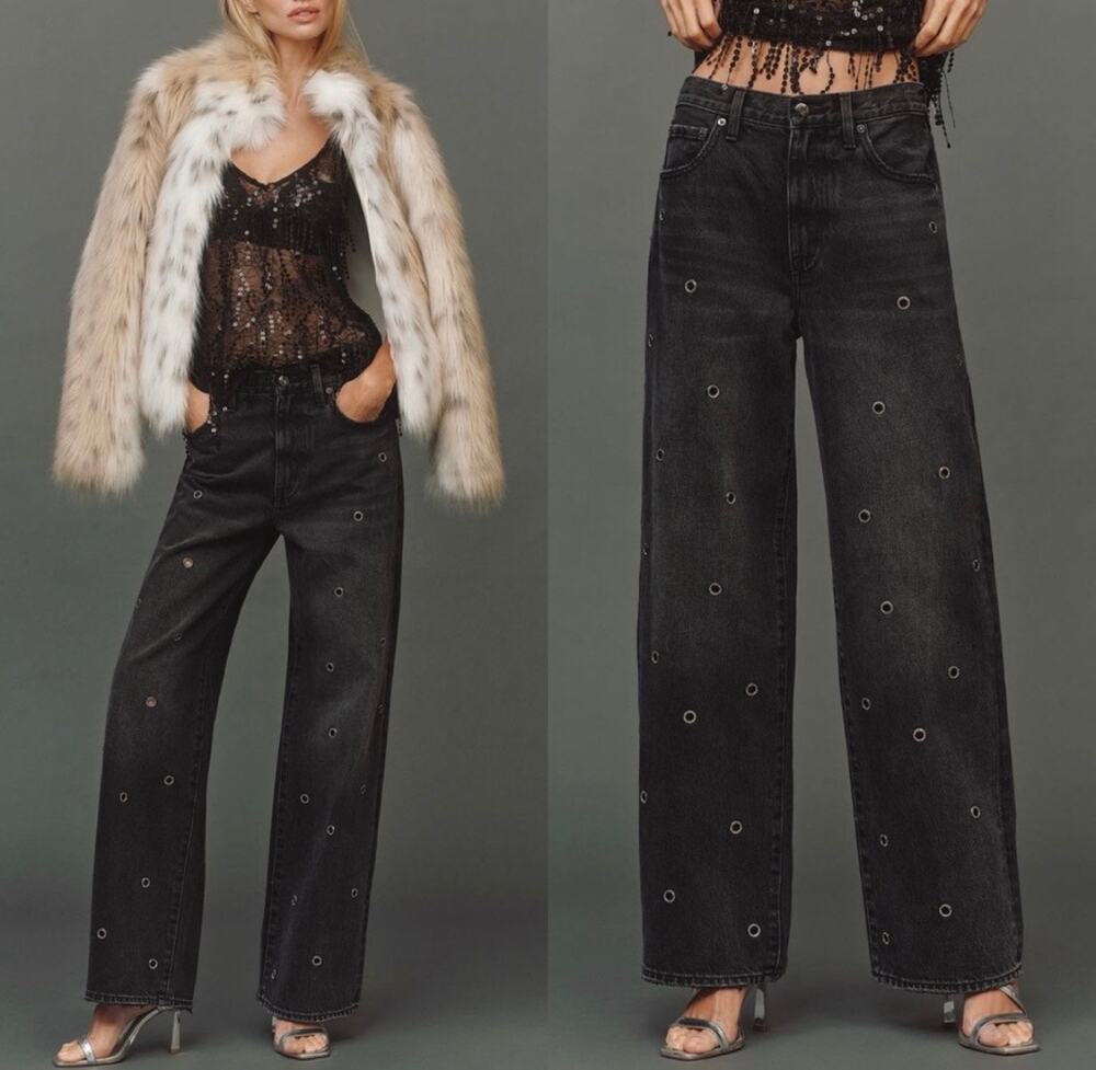 pistola Black Wide-Leg Eyelet Detail Jeans